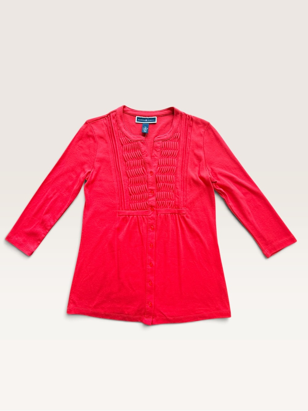 Karen Scott Women’s Long-Sleeve Pintuck Button-Front Top Red Size-XS NWT